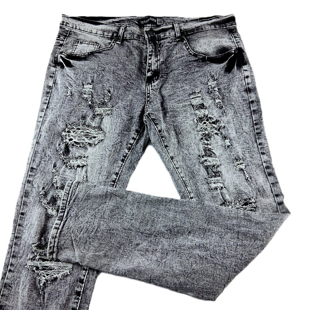 Blue Cult Tech Denim Slim Fit Distressed Jeans Men's Size 36 X 33 Black Gray